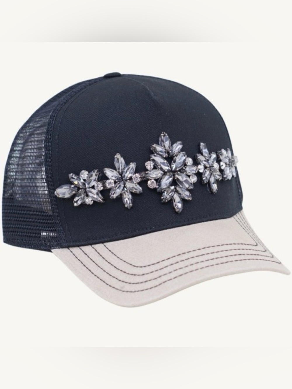 Crystal Floral Embellished Trucker Hat - Black and Tan